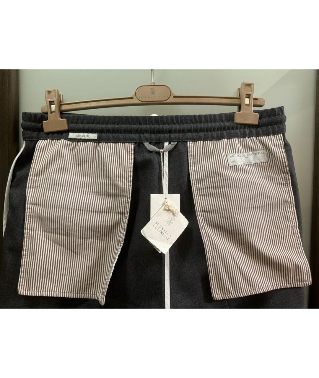 BRUNELLO CUCINELLI Антрацитовые шерстяные повседневные брюки, фото 3
