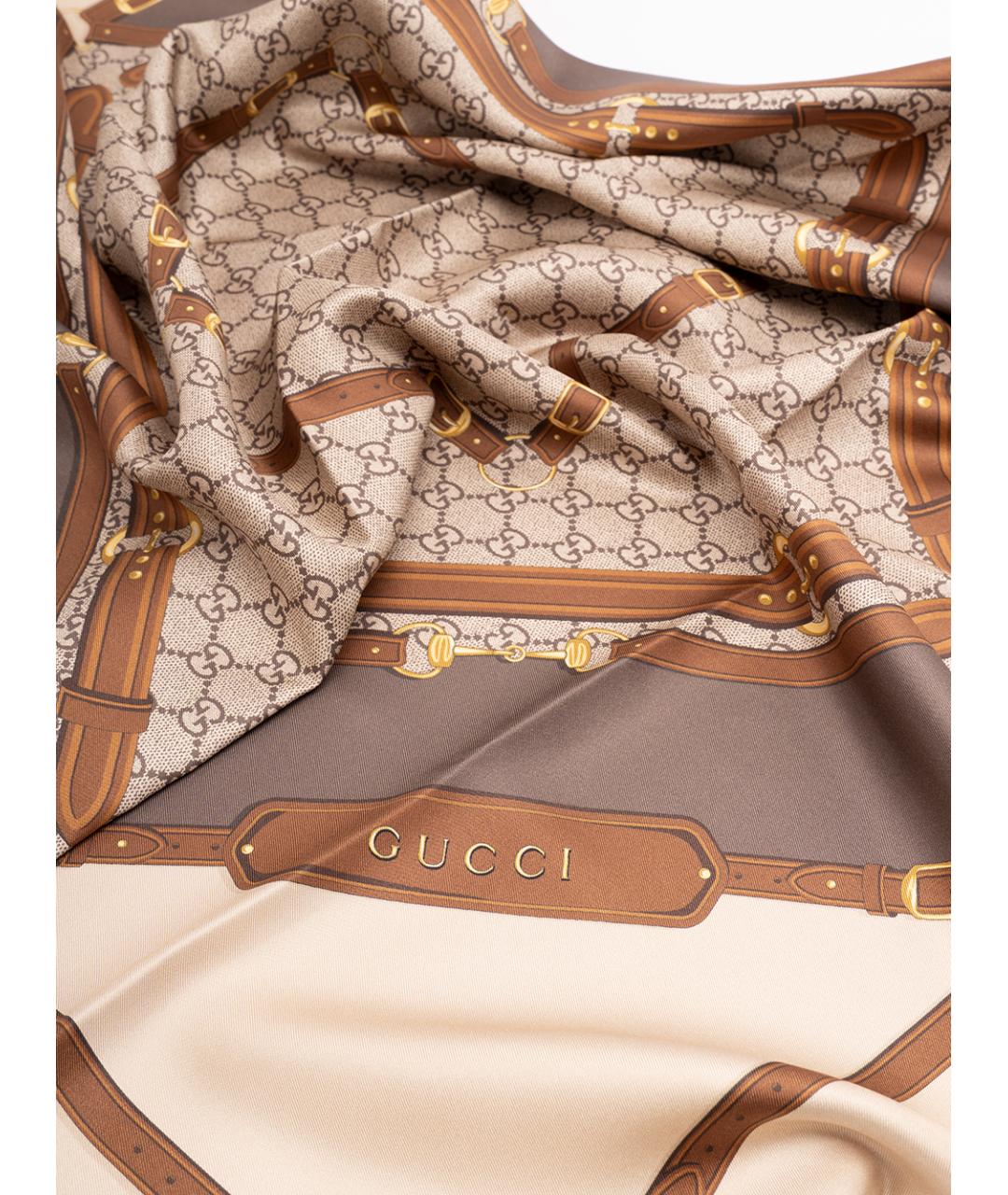 GUCCI Бежевый шелковый платок, фото 5