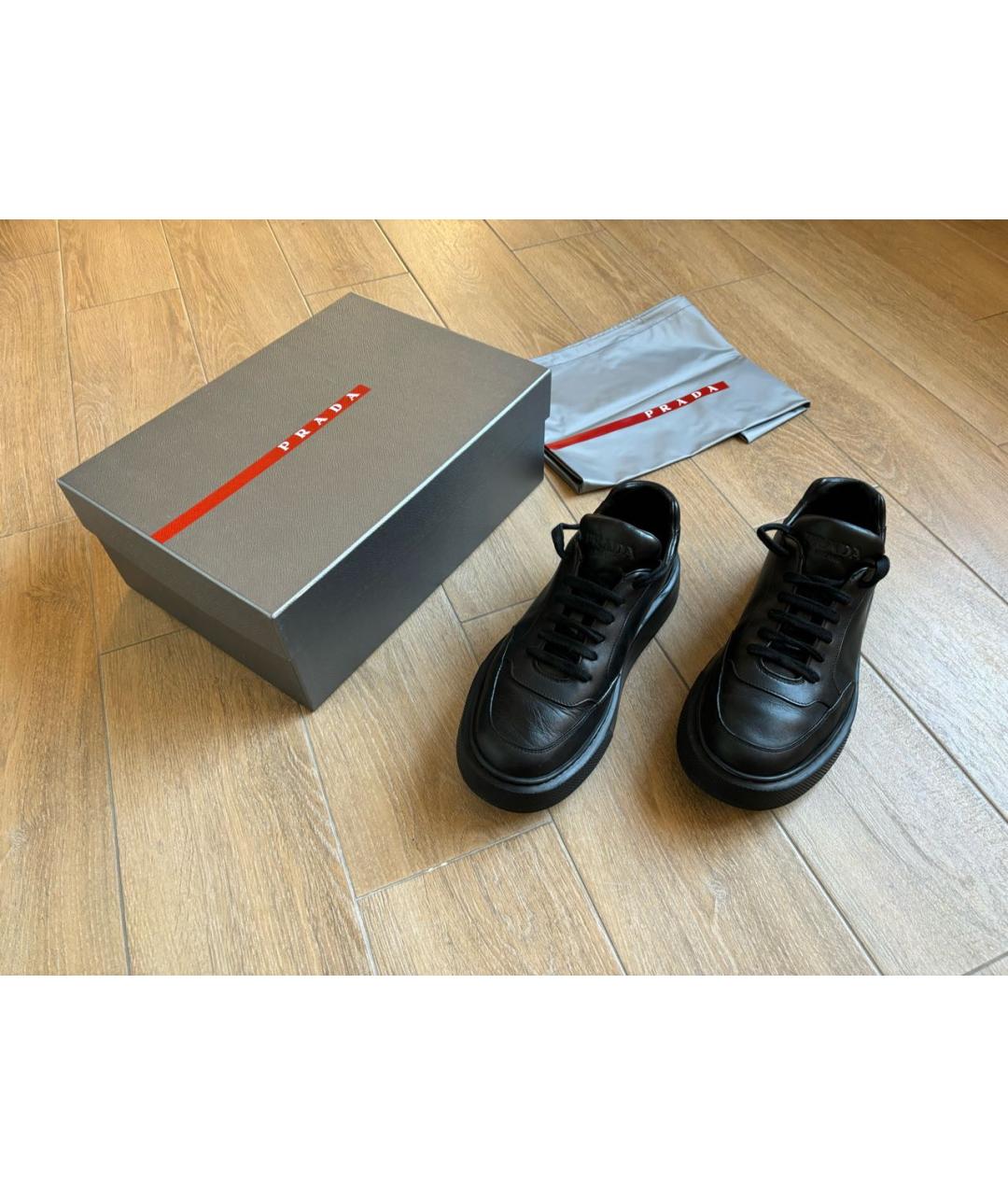 PRADA Черные кожаные низкие кроссовки / кеды, фото 5