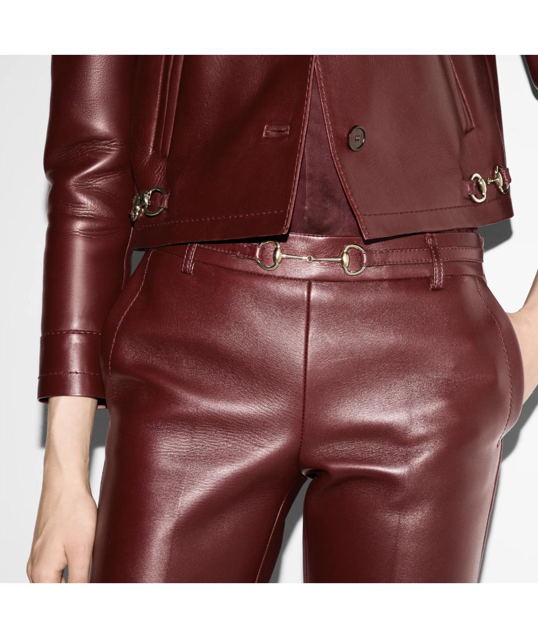 GUCCI Бордовые кожаные прямые брюки, фото 4