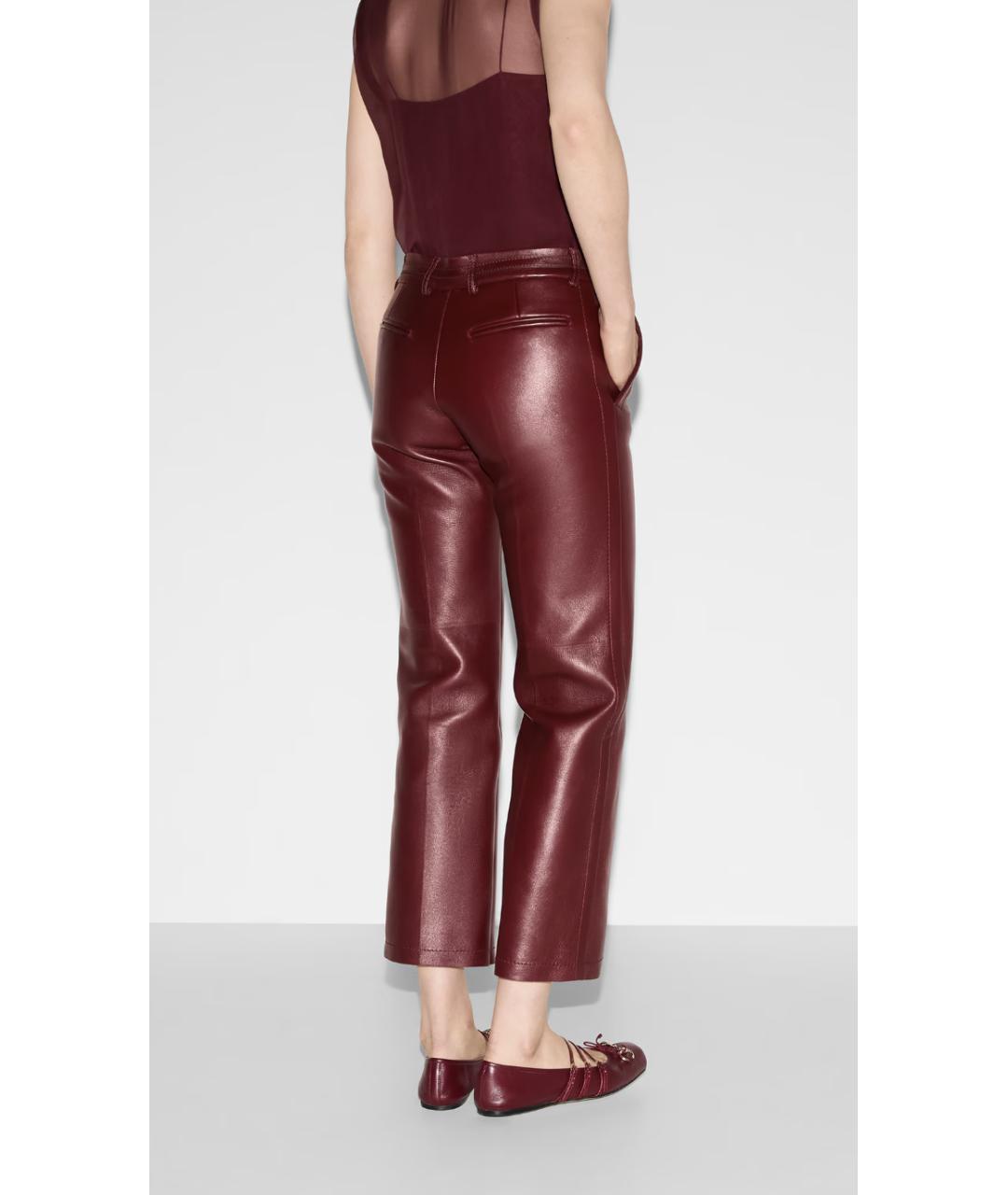 GUCCI Бордовые кожаные прямые брюки, фото 3