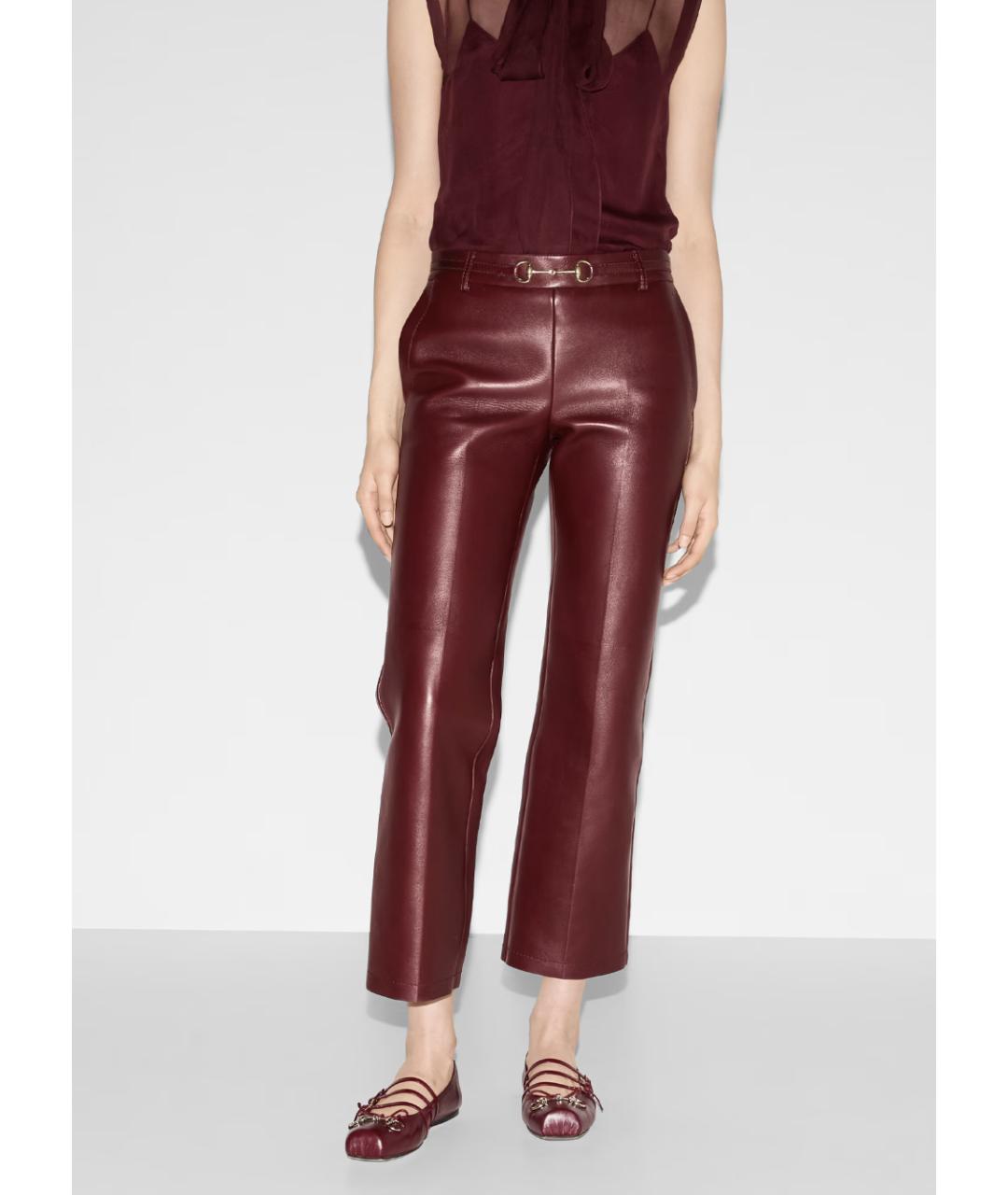 GUCCI Бордовые кожаные прямые брюки, фото 2