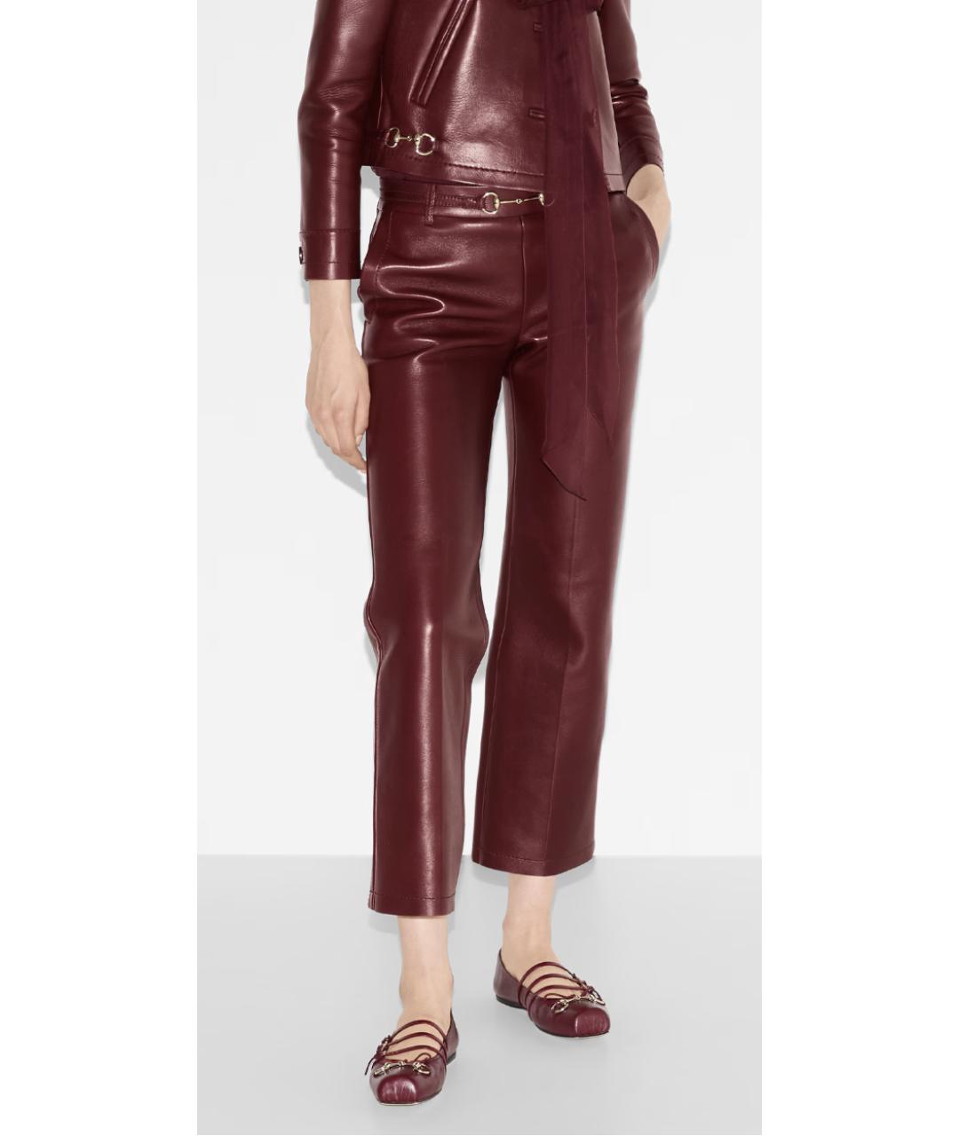 GUCCI Бордовые кожаные прямые брюки, фото 5