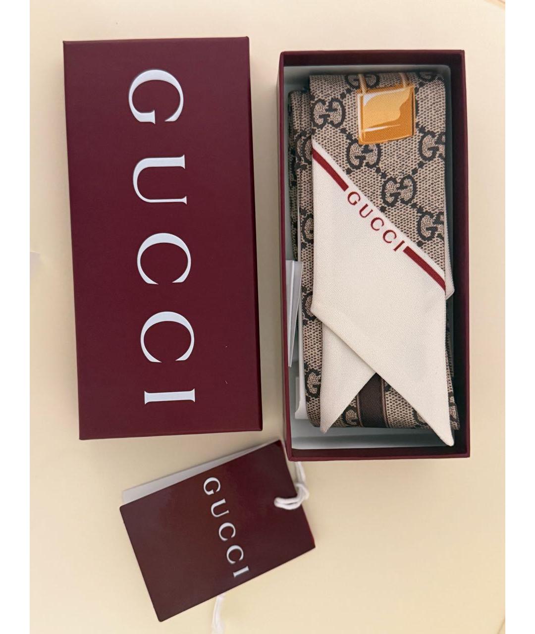 GUCCI Бежевый шелковый платок, фото 6
