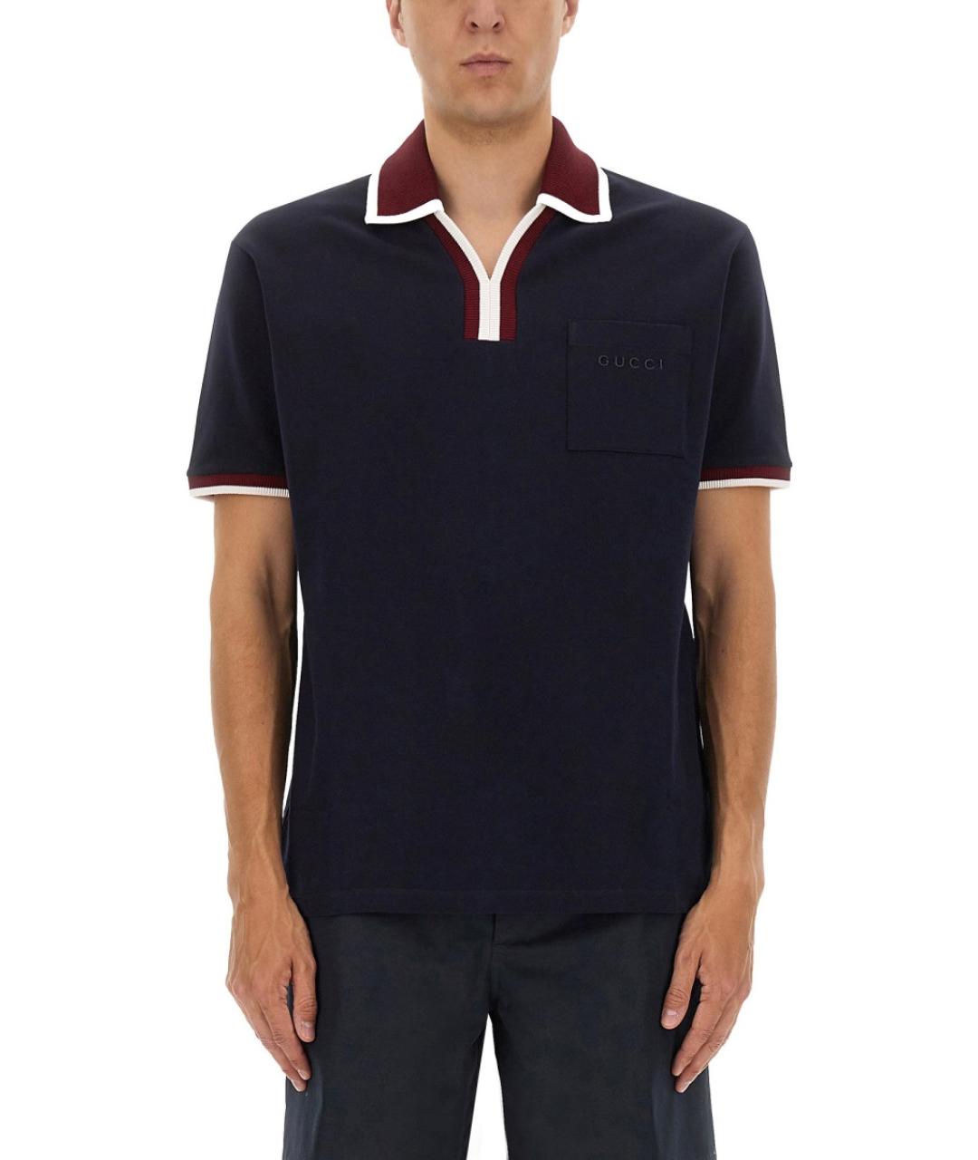 GUCCI Темно-синее хлопковое поло с коротким рукавом, фото 2