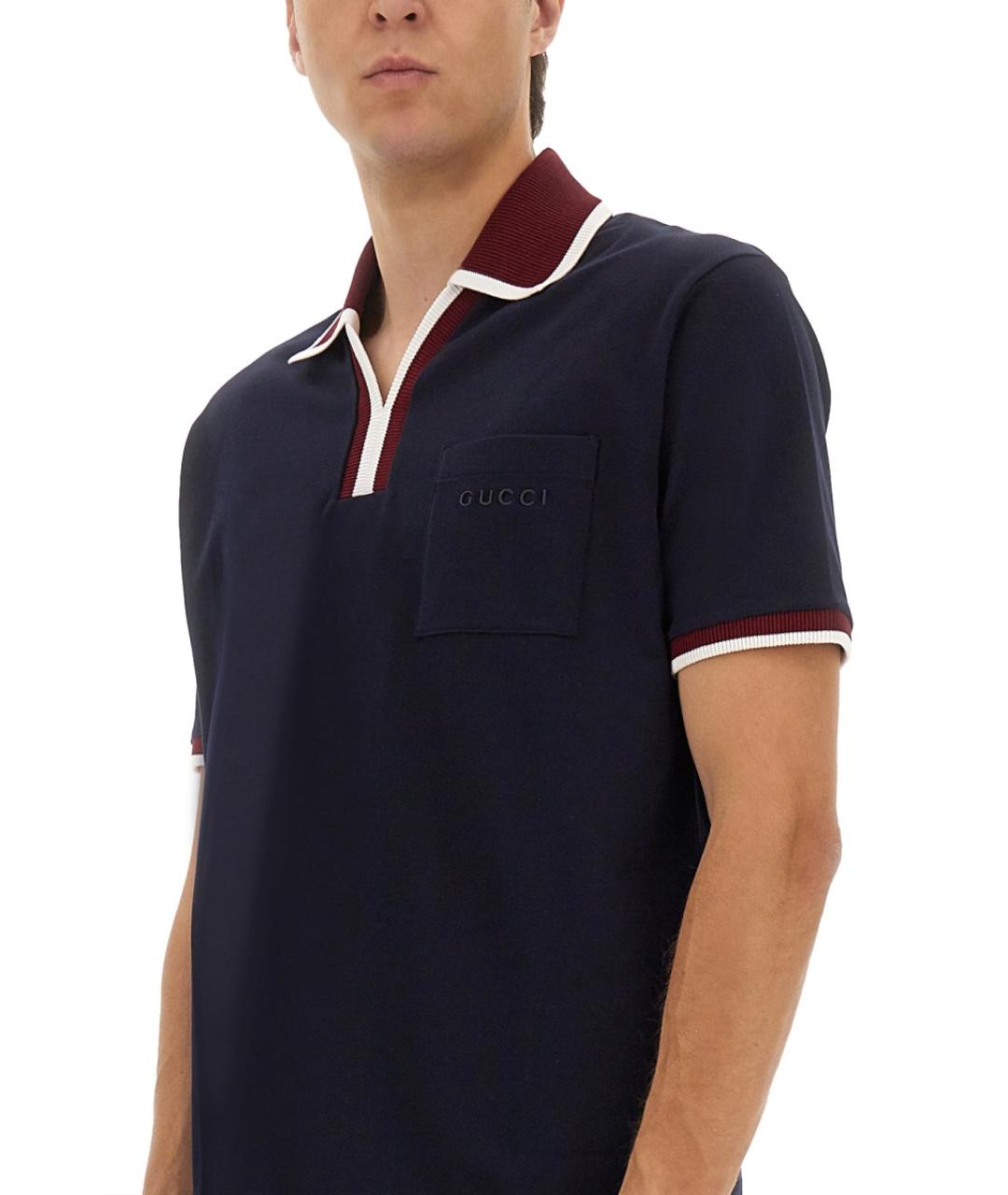 GUCCI Темно-синее хлопковое поло с коротким рукавом, фото 5