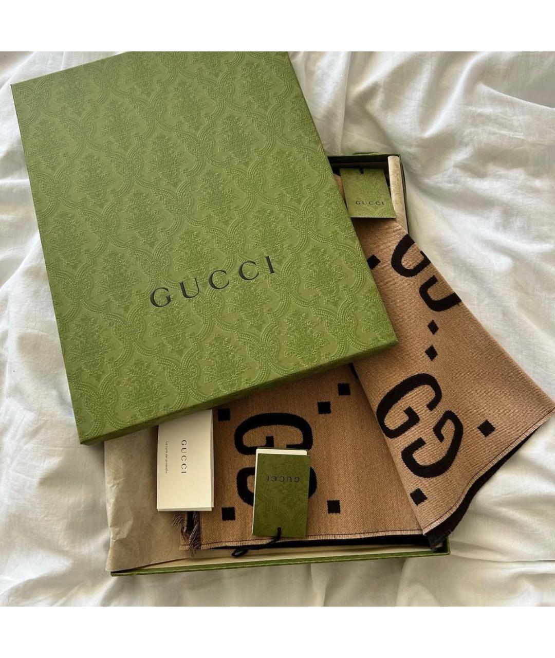 GUCCI Коричневый шерстяной шарф, фото 5
