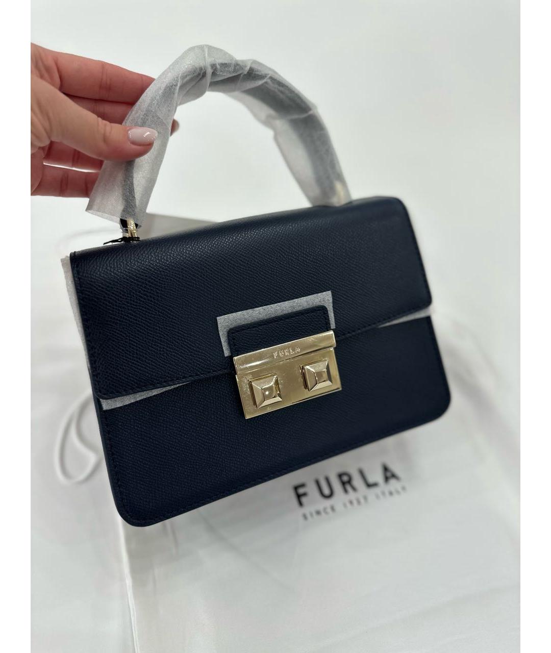 FURLA Темно-синяя кожаная сумка с короткими ручками, фото 2