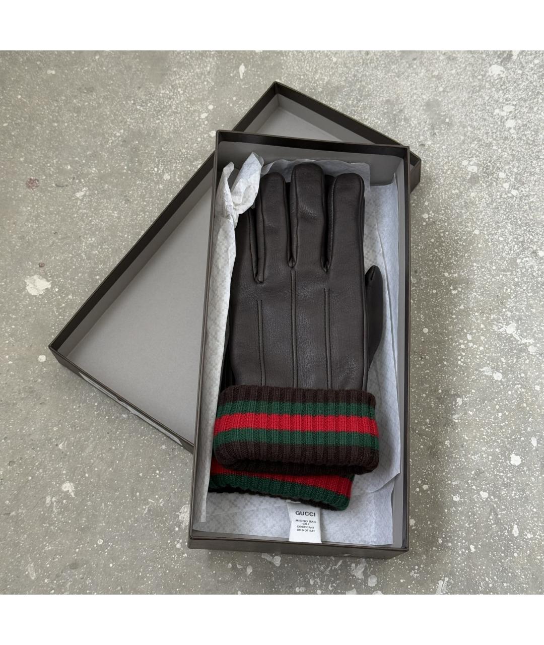 GUCCI Коричневые кожаные перчатки, фото 7