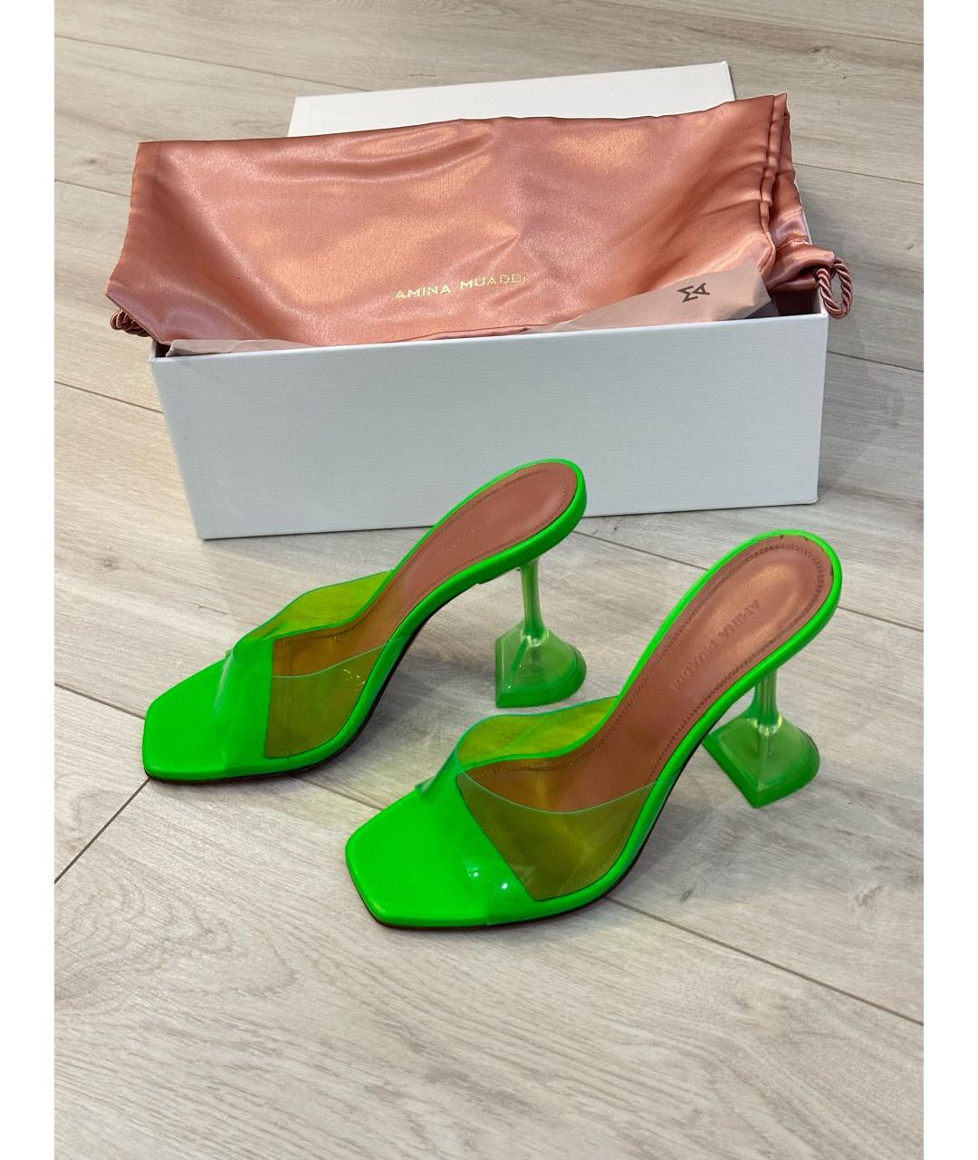 Amina Muaddi Салатовые кожаные босоножки, фото 2