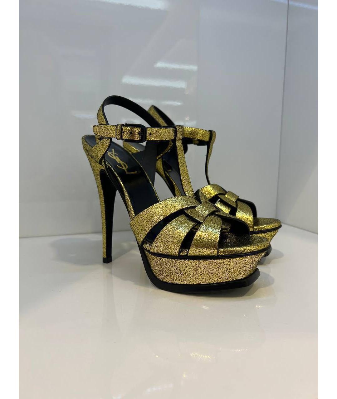 SAINT LAURENT Золотые кожаные босоножки, фото 2