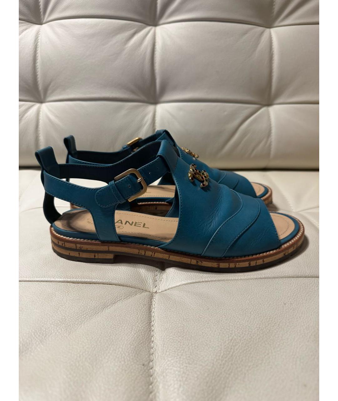 CHANEL Бирюзовые кожаные сандалии, фото 8