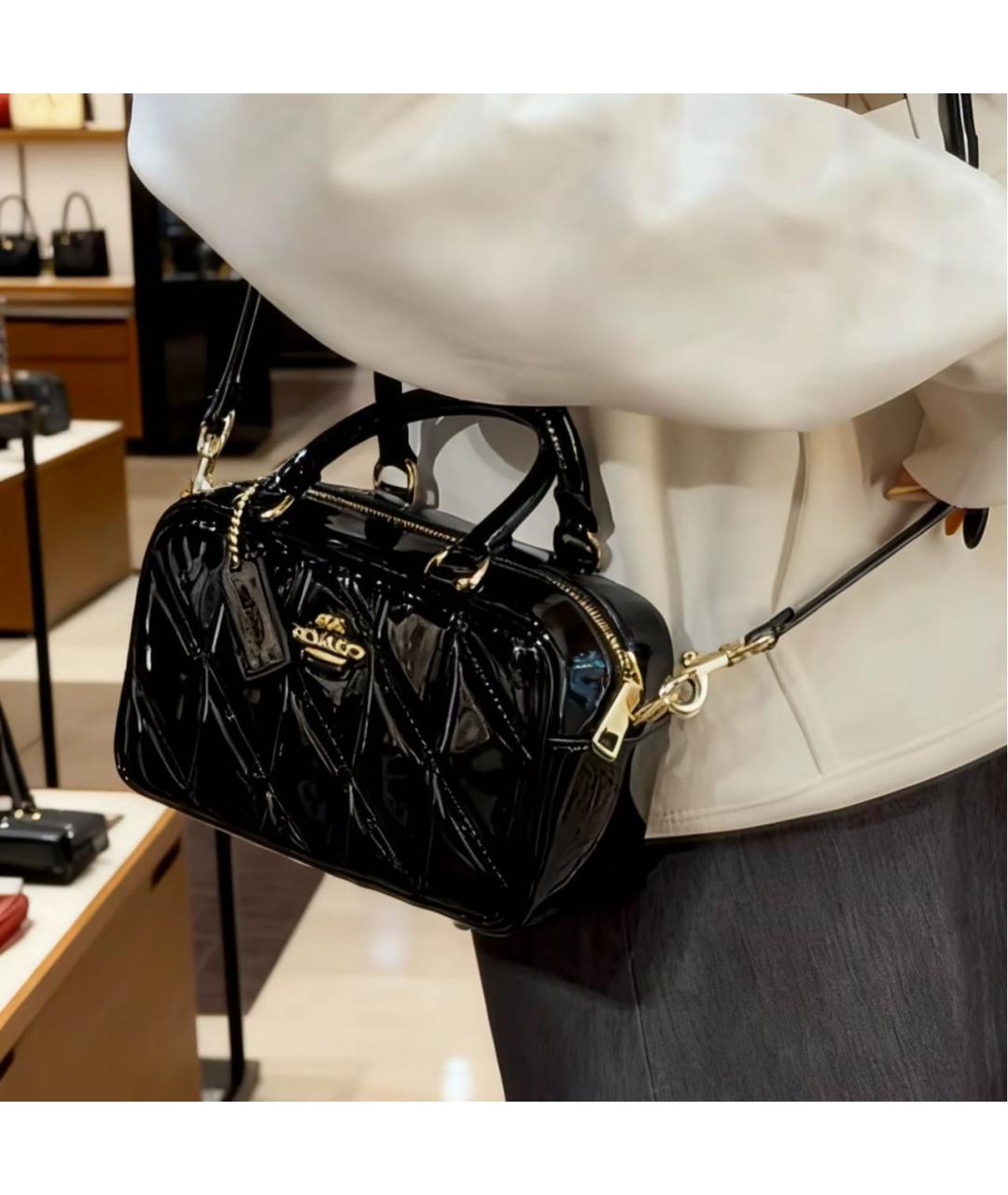 COACH Черная сумка с короткими ручками из лакированной кожи, фото 7