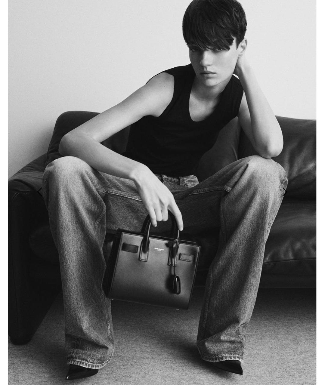 SAINT LAURENT Черная кожаная сумка тоут, фото 5