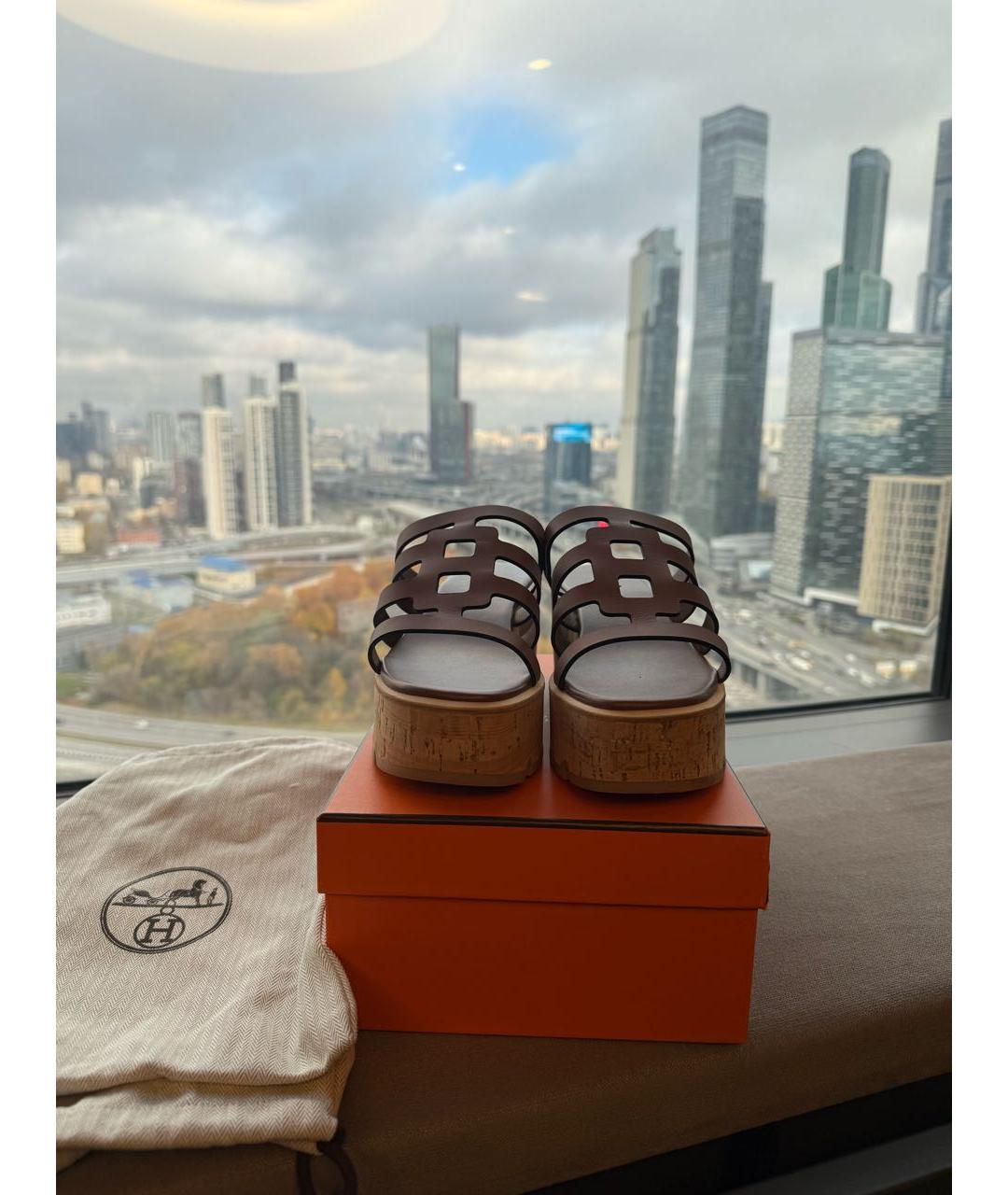 HERMES Коричневые кожаные шлепанцы, фото 2