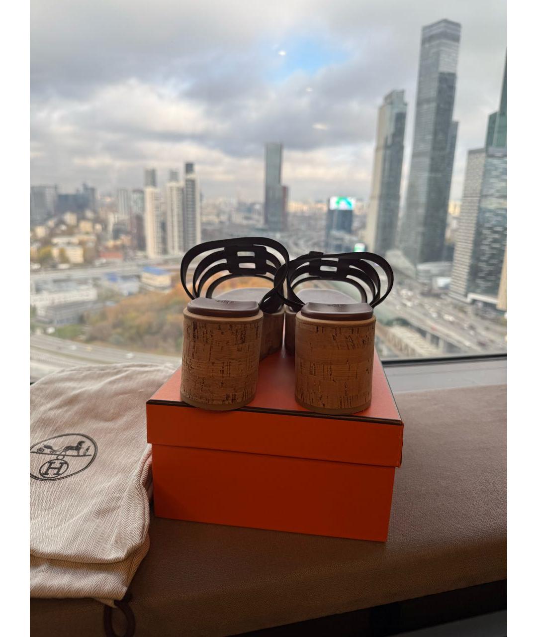 HERMES Коричневые кожаные шлепанцы, фото 4