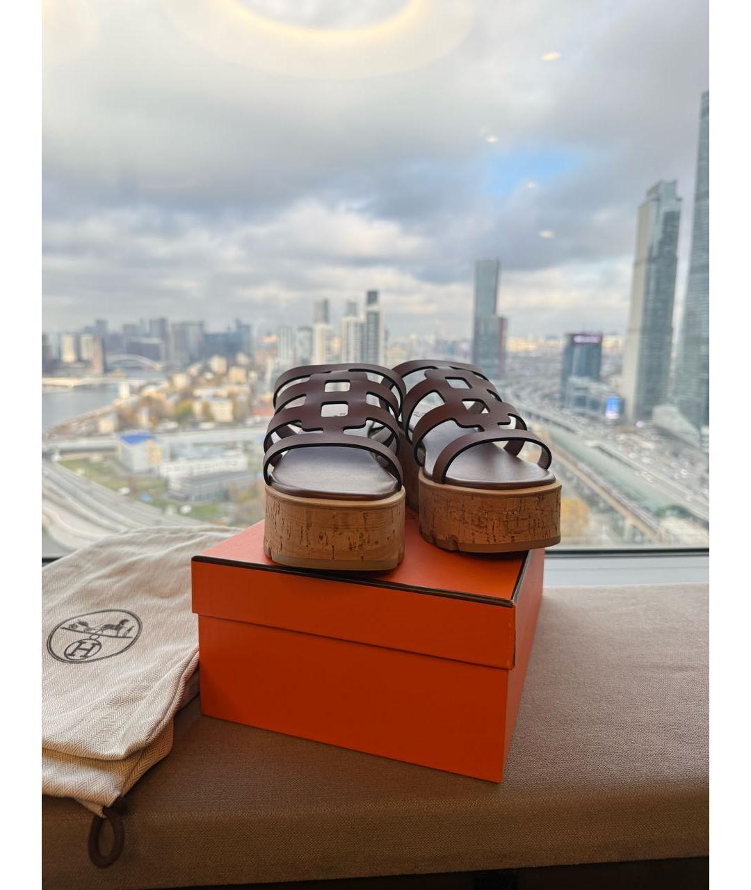 HERMES Коричневые кожаные шлепанцы, фото 8