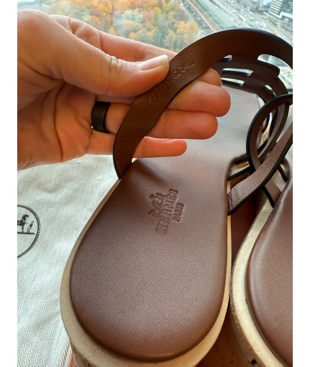HERMES Коричневые кожаные шлепанцы, фото 7