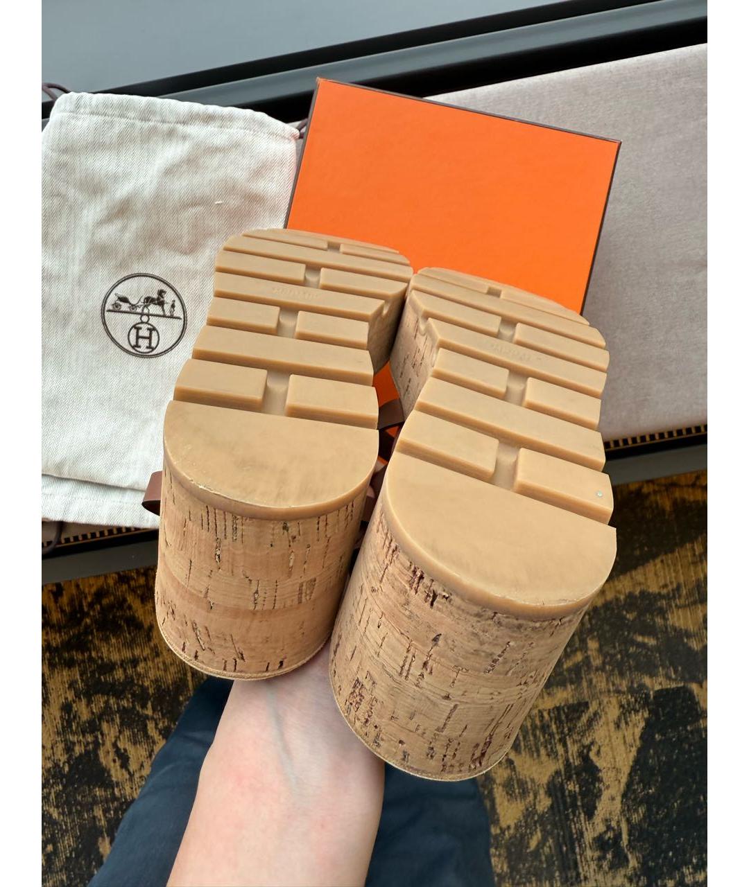 HERMES Коричневые кожаные шлепанцы, фото 6