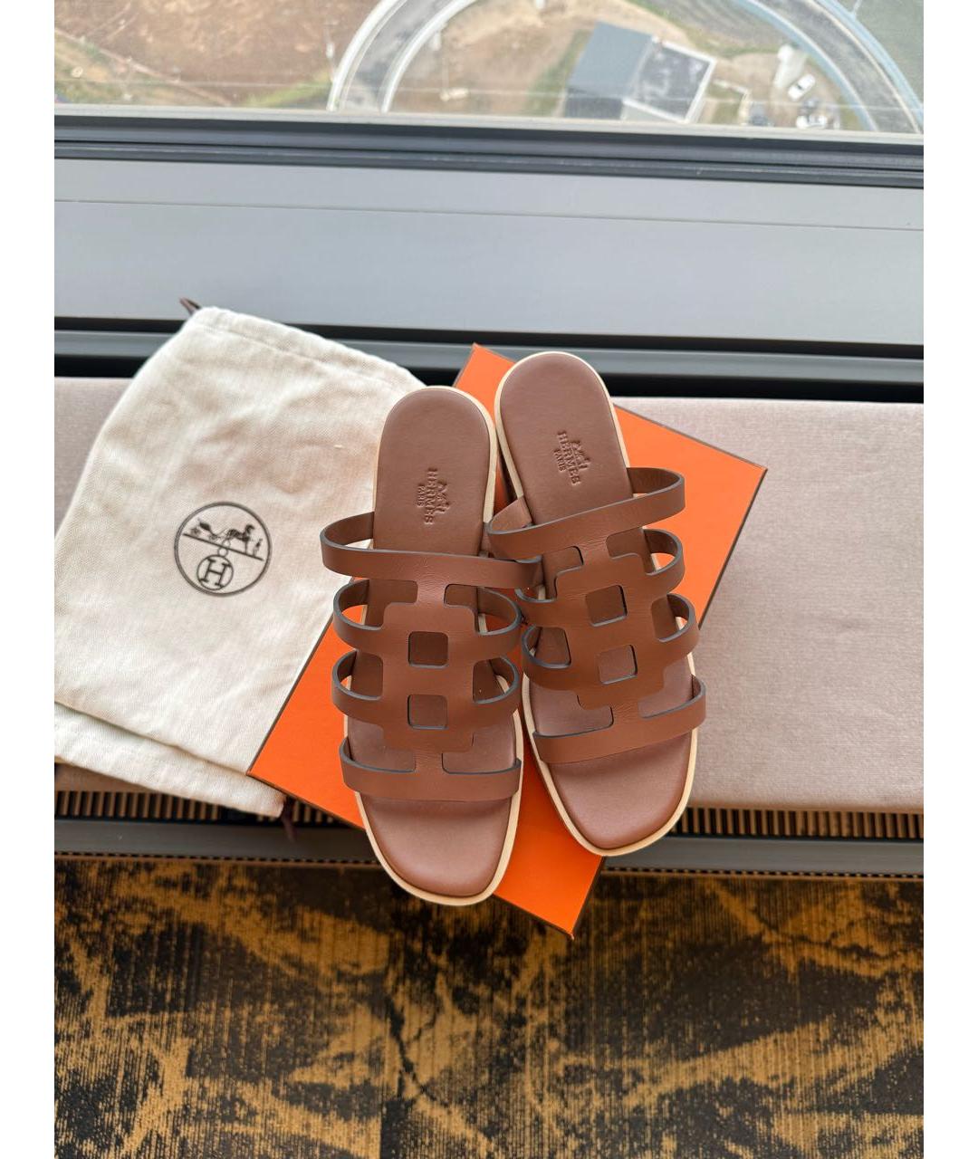 HERMES Коричневые кожаные шлепанцы, фото 3