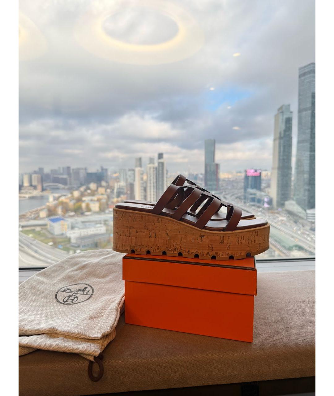 HERMES Коричневые кожаные шлепанцы, фото 9