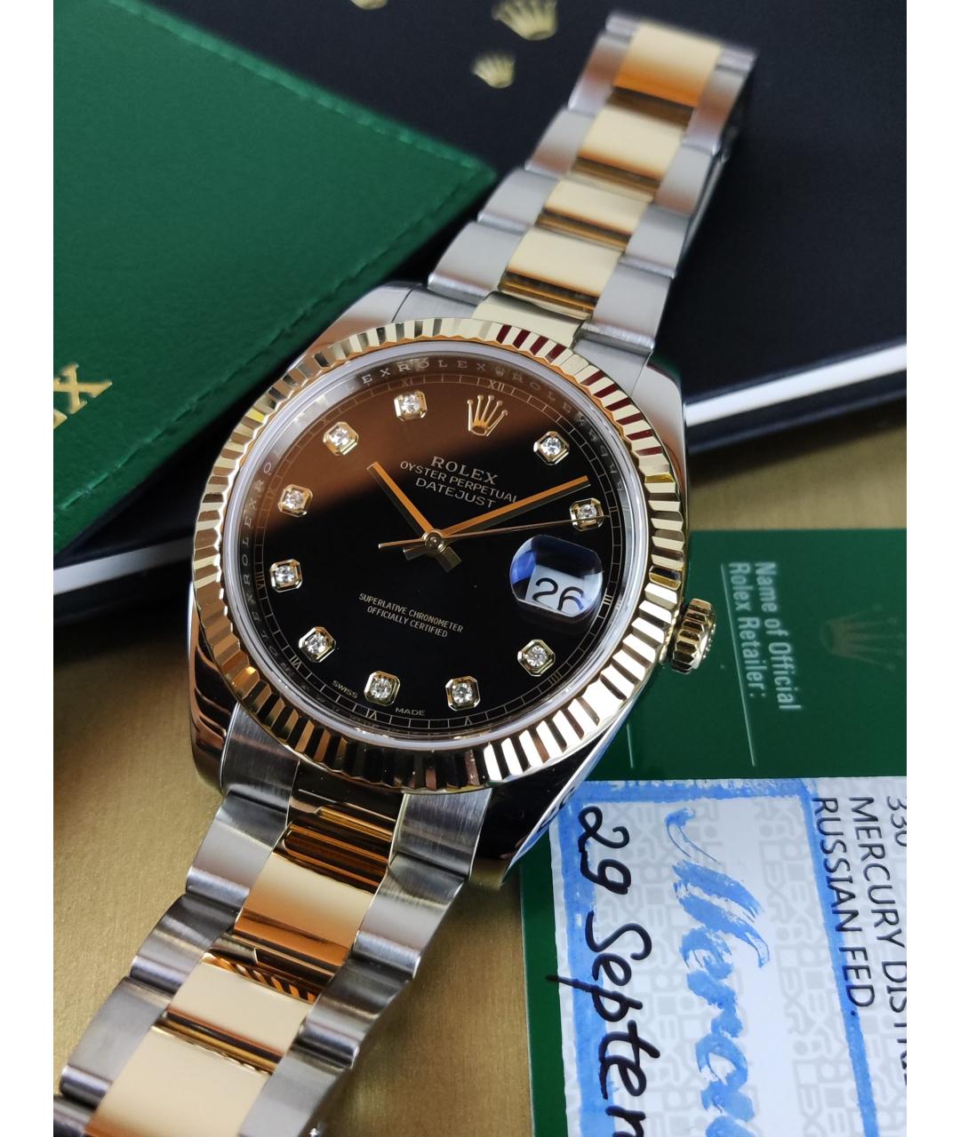 ROLEX Черные часы из желтого золота, фото 2