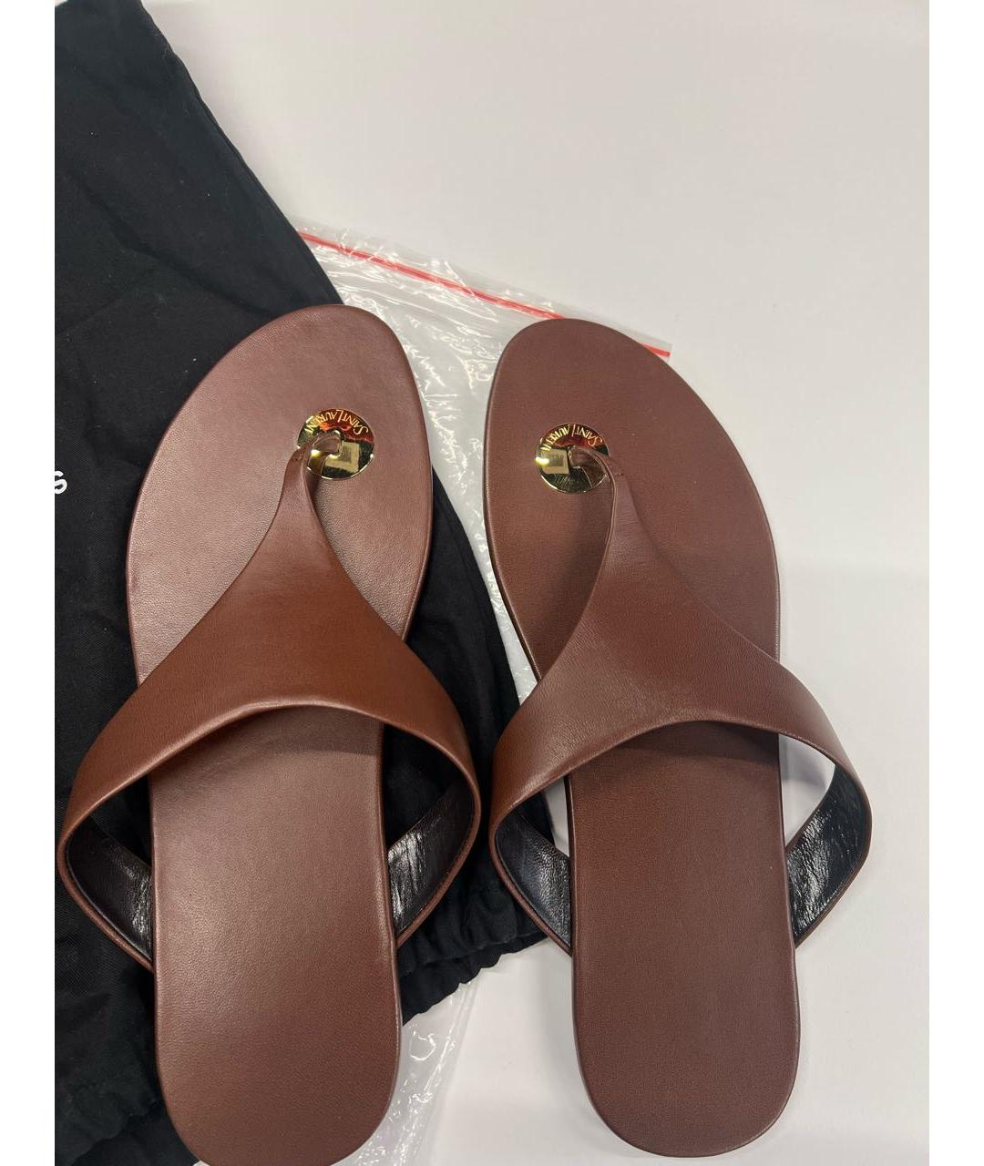 SAINT LAURENT Коричневые кожаные шлепанцы, фото 4