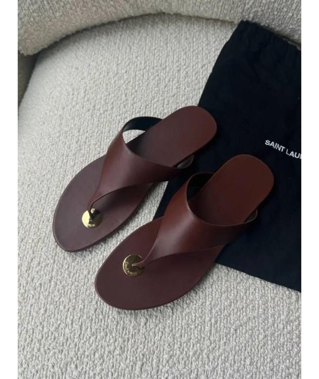 SAINT LAURENT Коричневые кожаные шлепанцы, фото 3