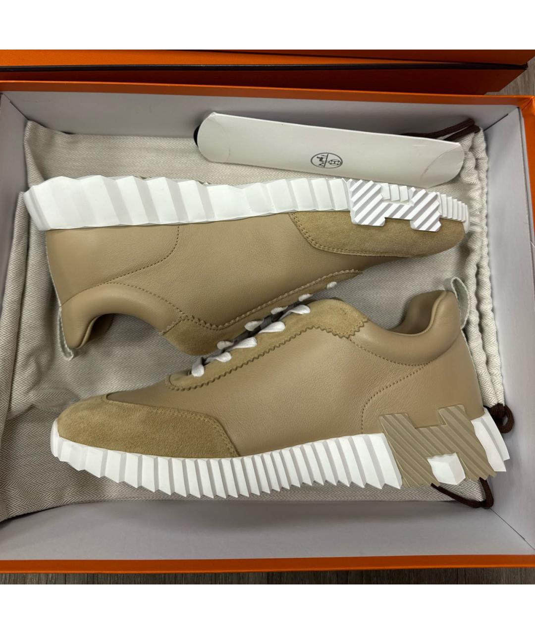 HERMES Бежевые кожаные низкие кроссовки / кеды, фото 2