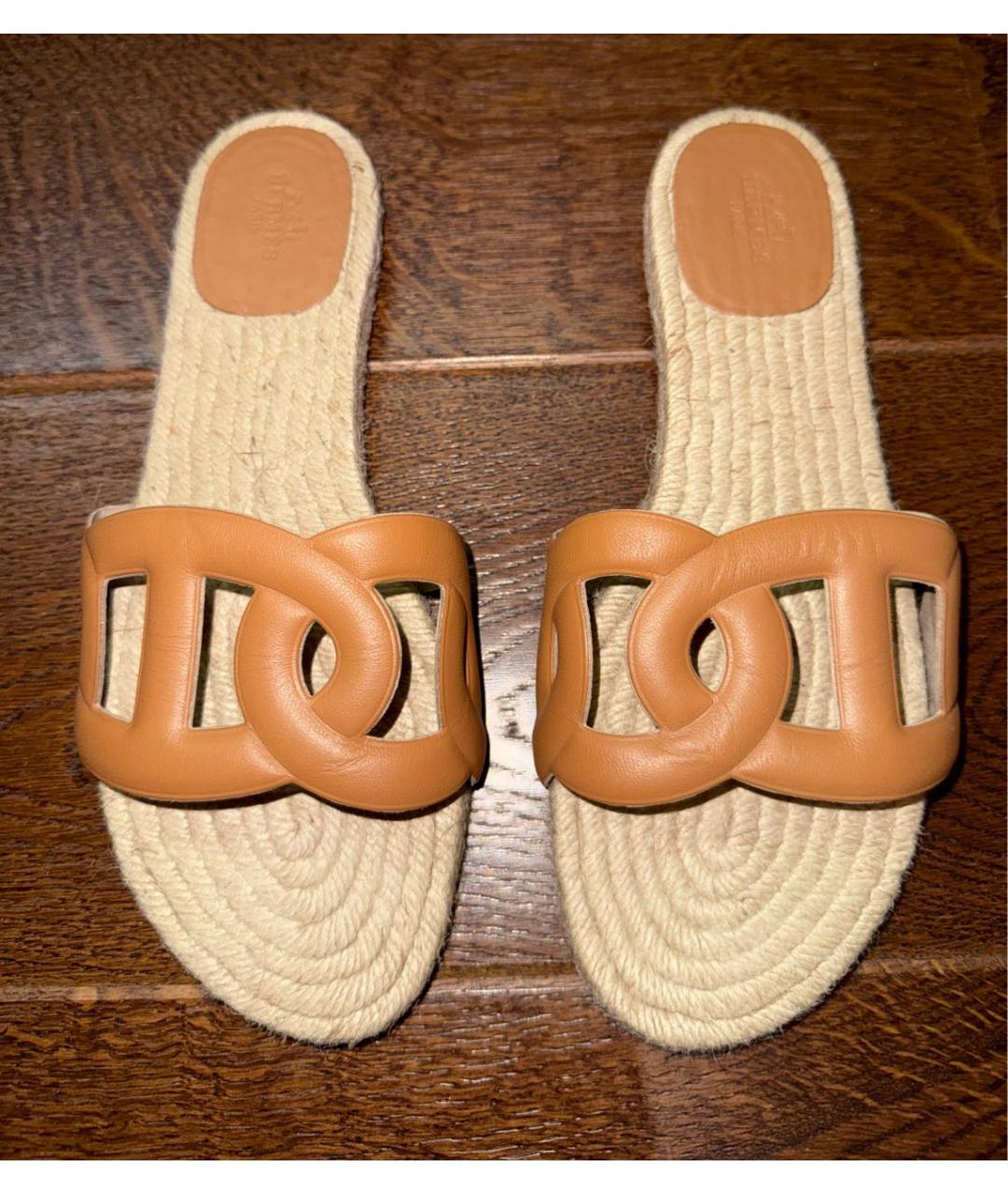 HERMES Коричневые кожаные шлепанцы, фото 5