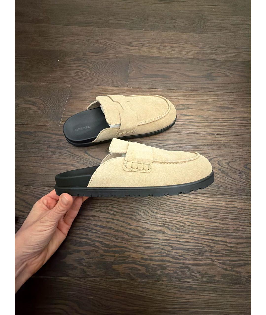 HERMES Бежевые замшевые мюли, фото 5