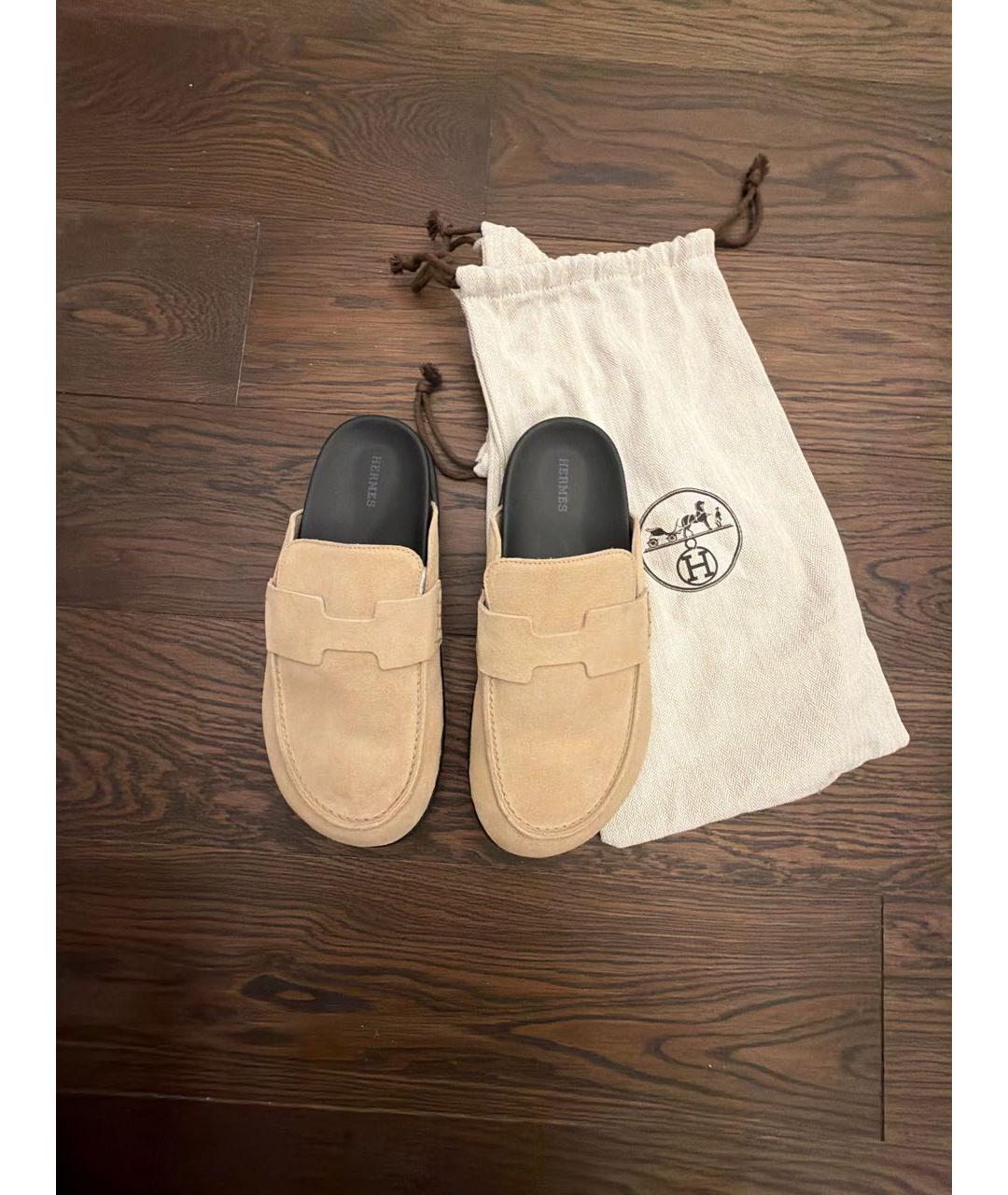 HERMES Бежевые замшевые мюли, фото 4