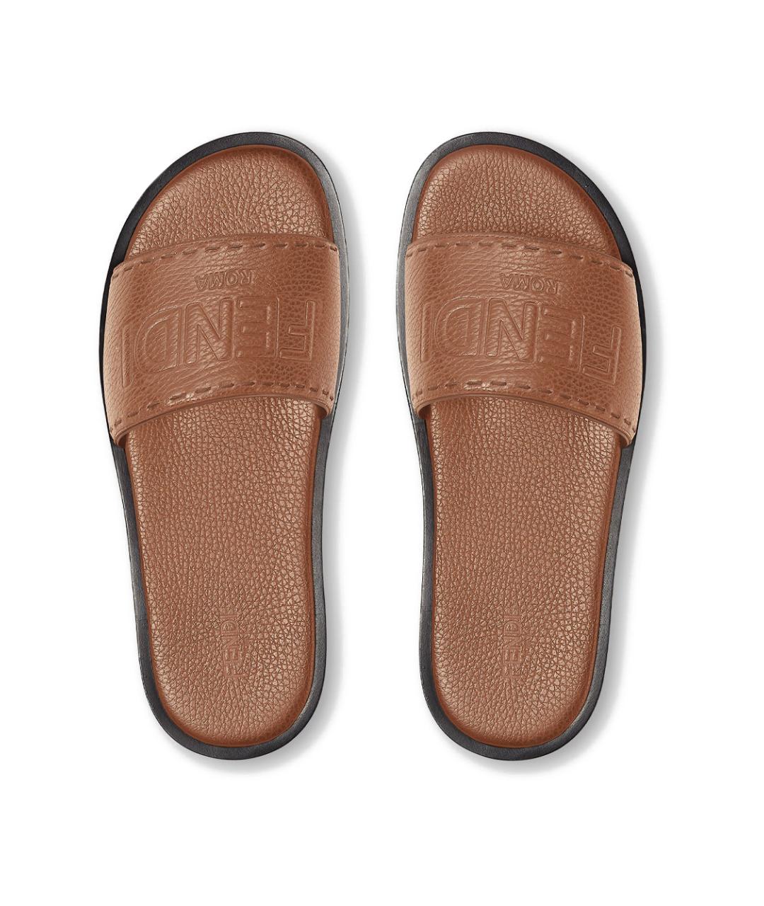 FENDI Коричневые кожаные шлепанцы, фото 2