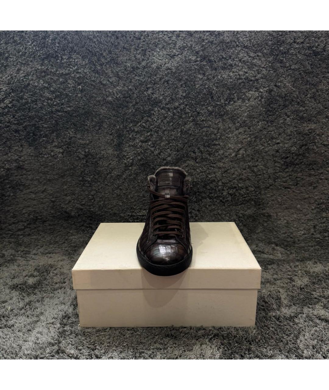 SANTONI Коричневые кожаные высокие кроссовки / кеды, фото 2