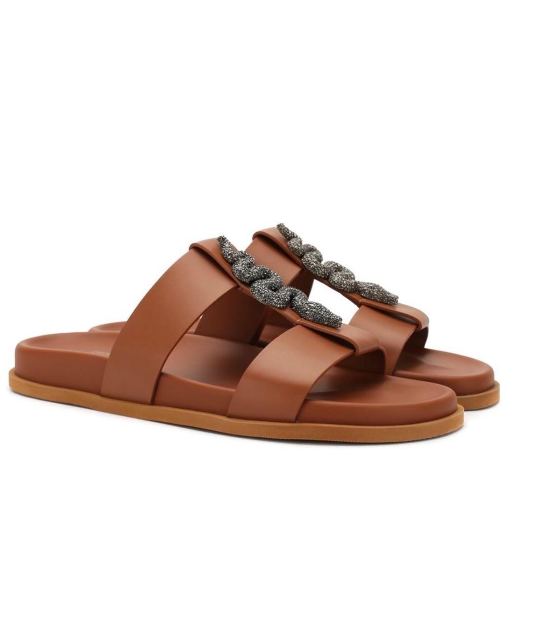 VALENTINO Коричневые кожаные шлепанцы, фото 1