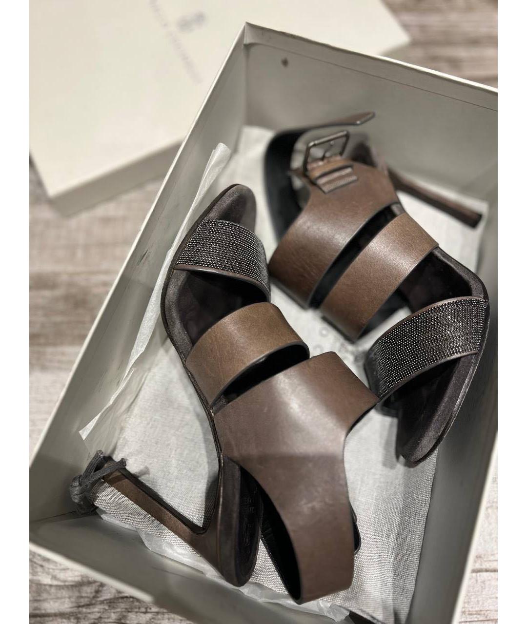 BRUNELLO CUCINELLI Антрацитовые кожаные босоножки, фото 8