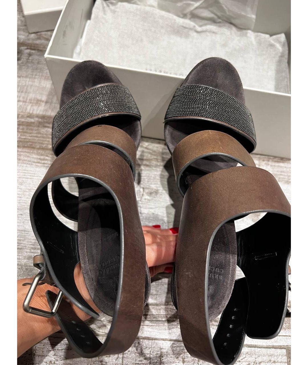 BRUNELLO CUCINELLI Антрацитовые кожаные босоножки, фото 2