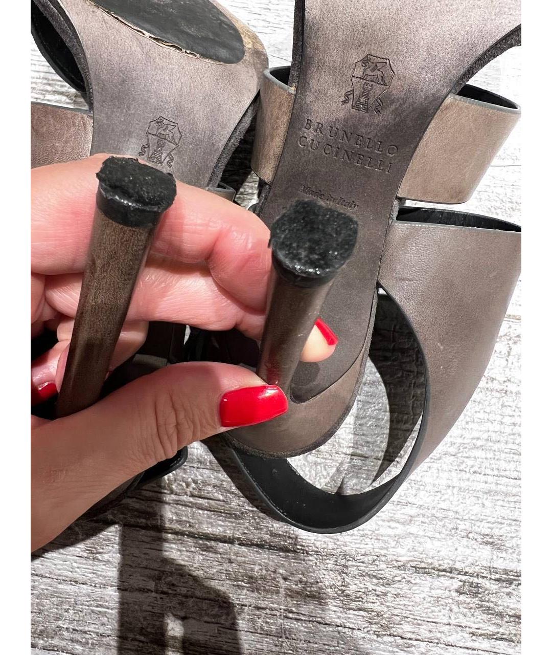 BRUNELLO CUCINELLI Антрацитовые кожаные босоножки, фото 7