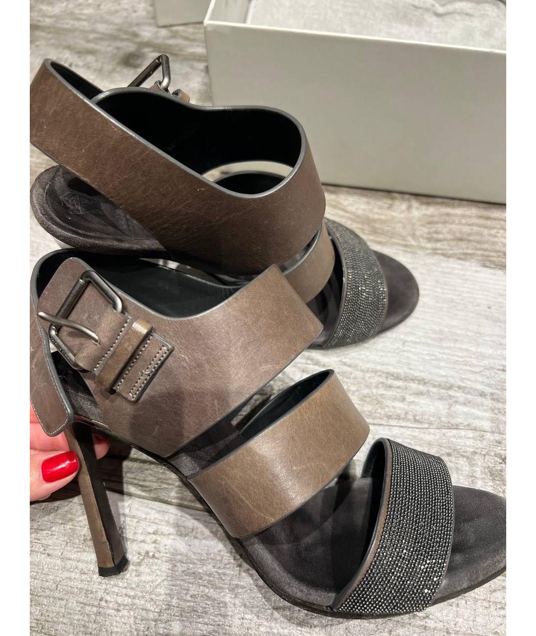 BRUNELLO CUCINELLI Антрацитовые кожаные босоножки, фото 3