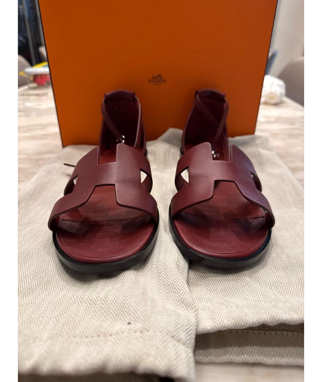 HERMES Бордовые кожаные босоножки, фото 2
