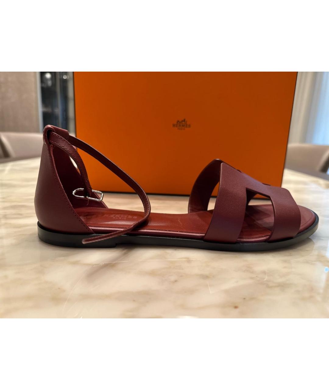 HERMES Бордовые кожаные босоножки, фото 4