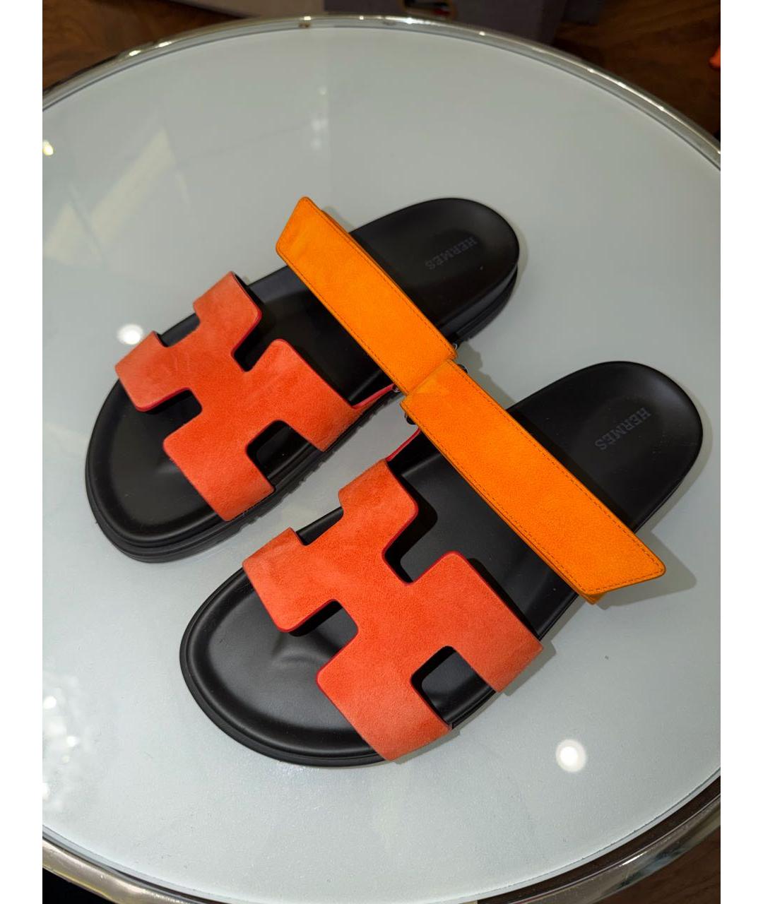 HERMES Оранжевое замшевые шлепанцы, фото 2