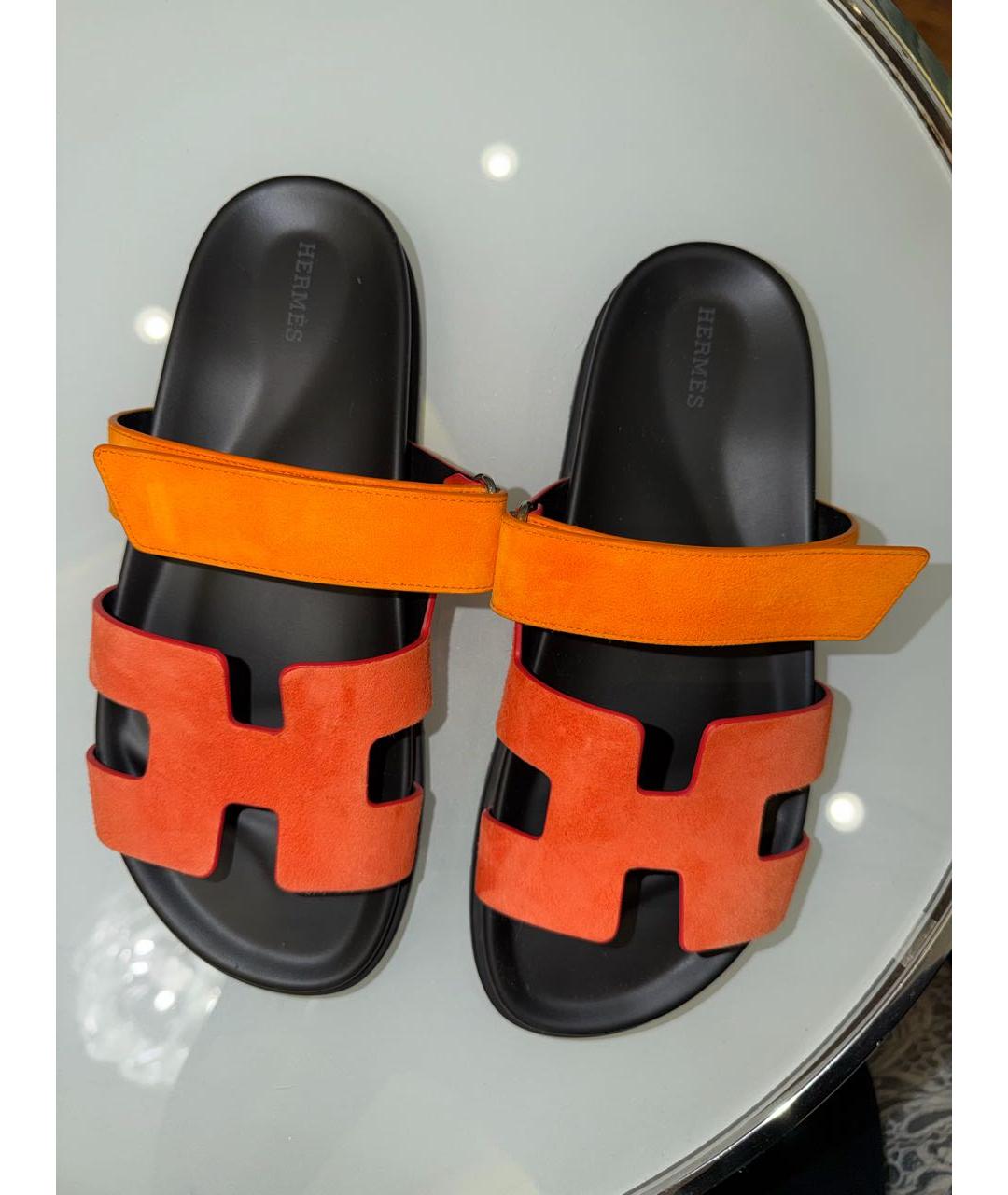 HERMES Оранжевое замшевые шлепанцы, фото 3
