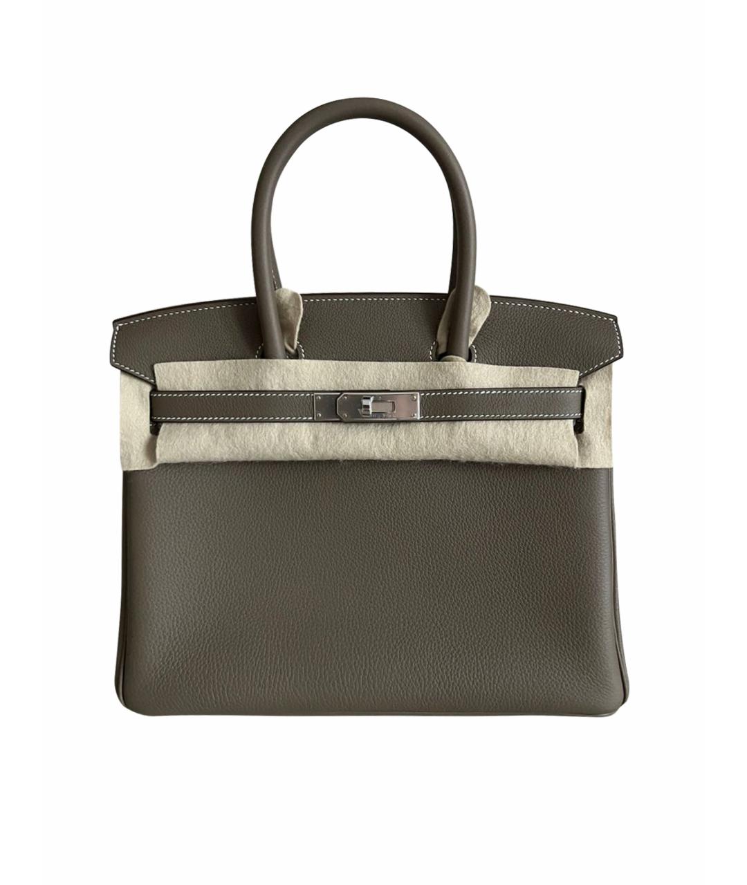 HERMES Хаки кожаная сумка с короткими ручками, фото 1
