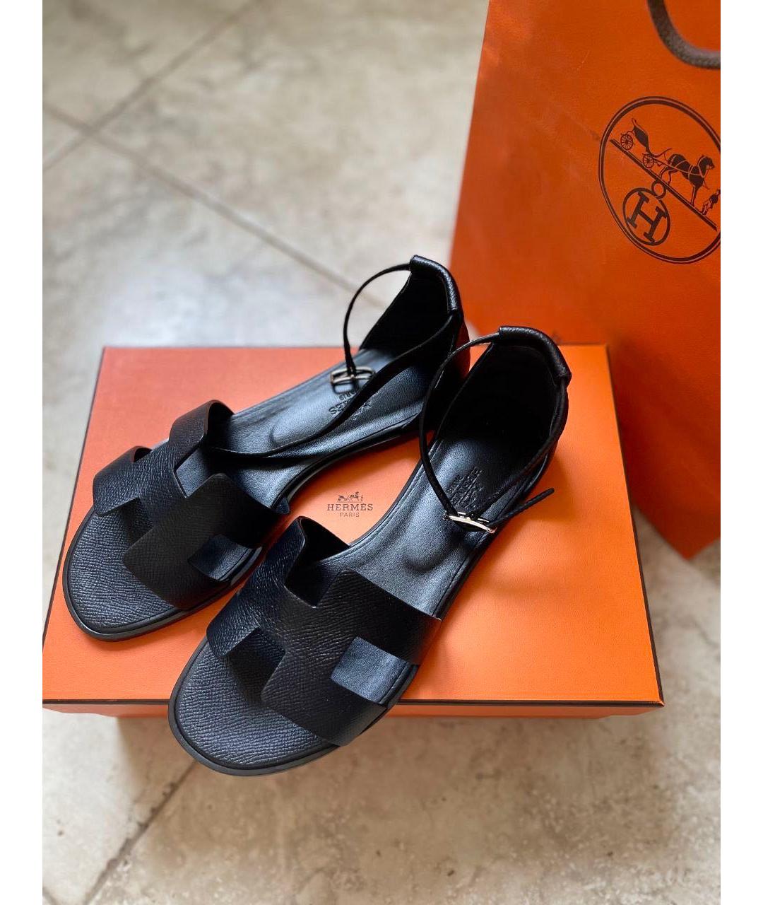 HERMES Черные кожаные сандалии, фото 4