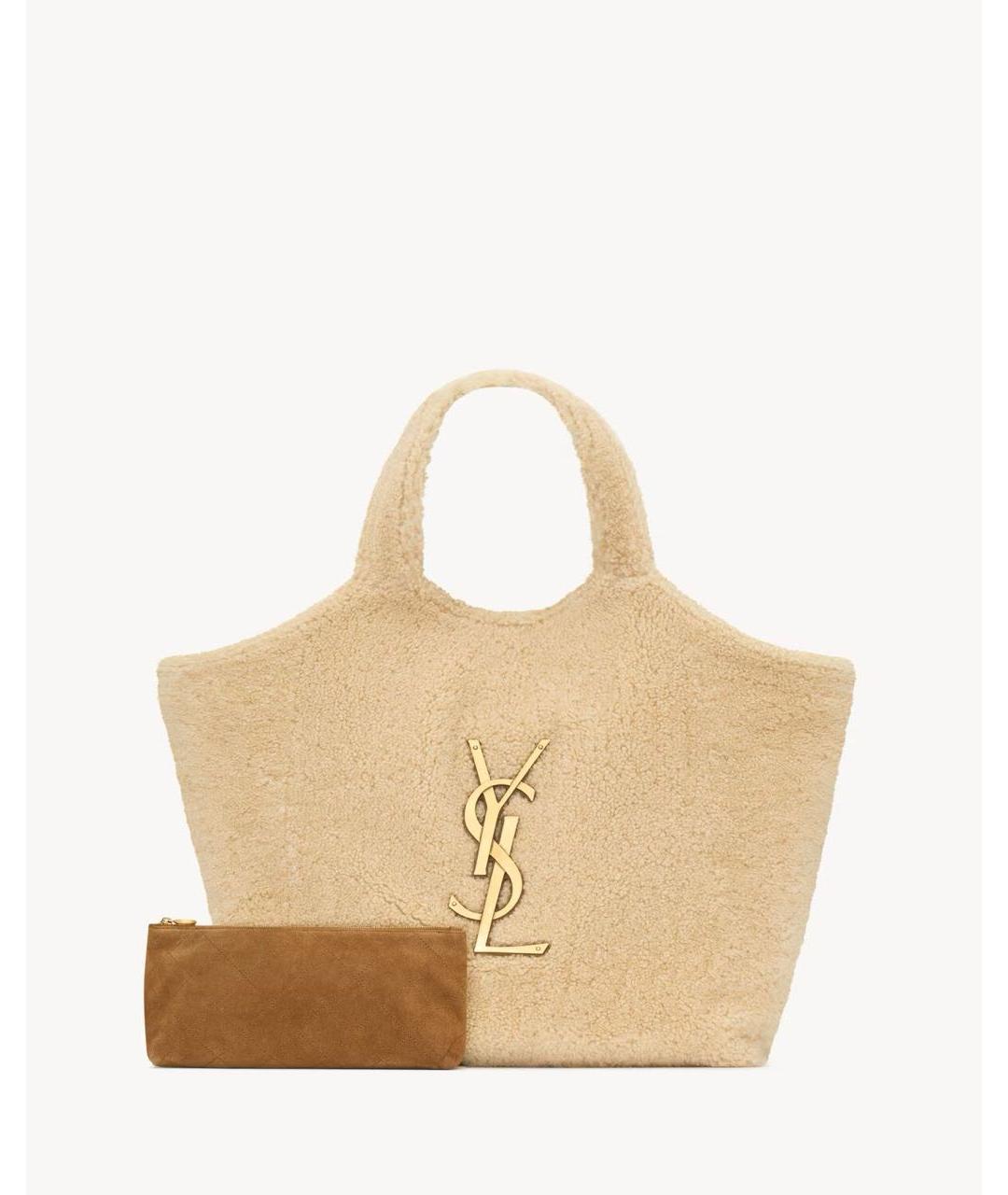 SAINT LAURENT Бежевая кожаная сумка с короткими ручками, фото 3