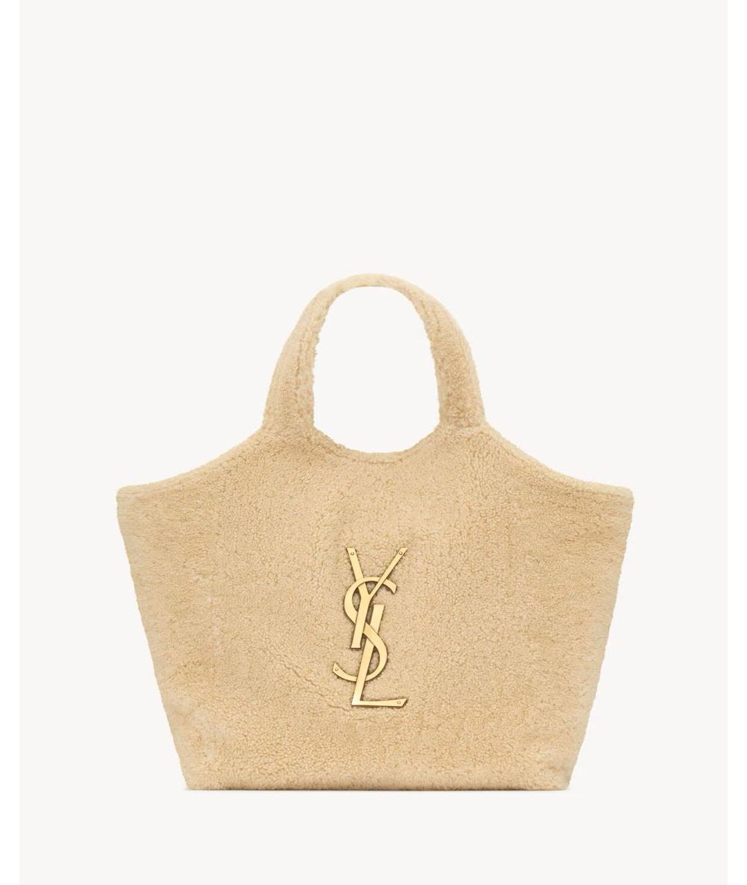 SAINT LAURENT Бежевая кожаная сумка с короткими ручками, фото 6