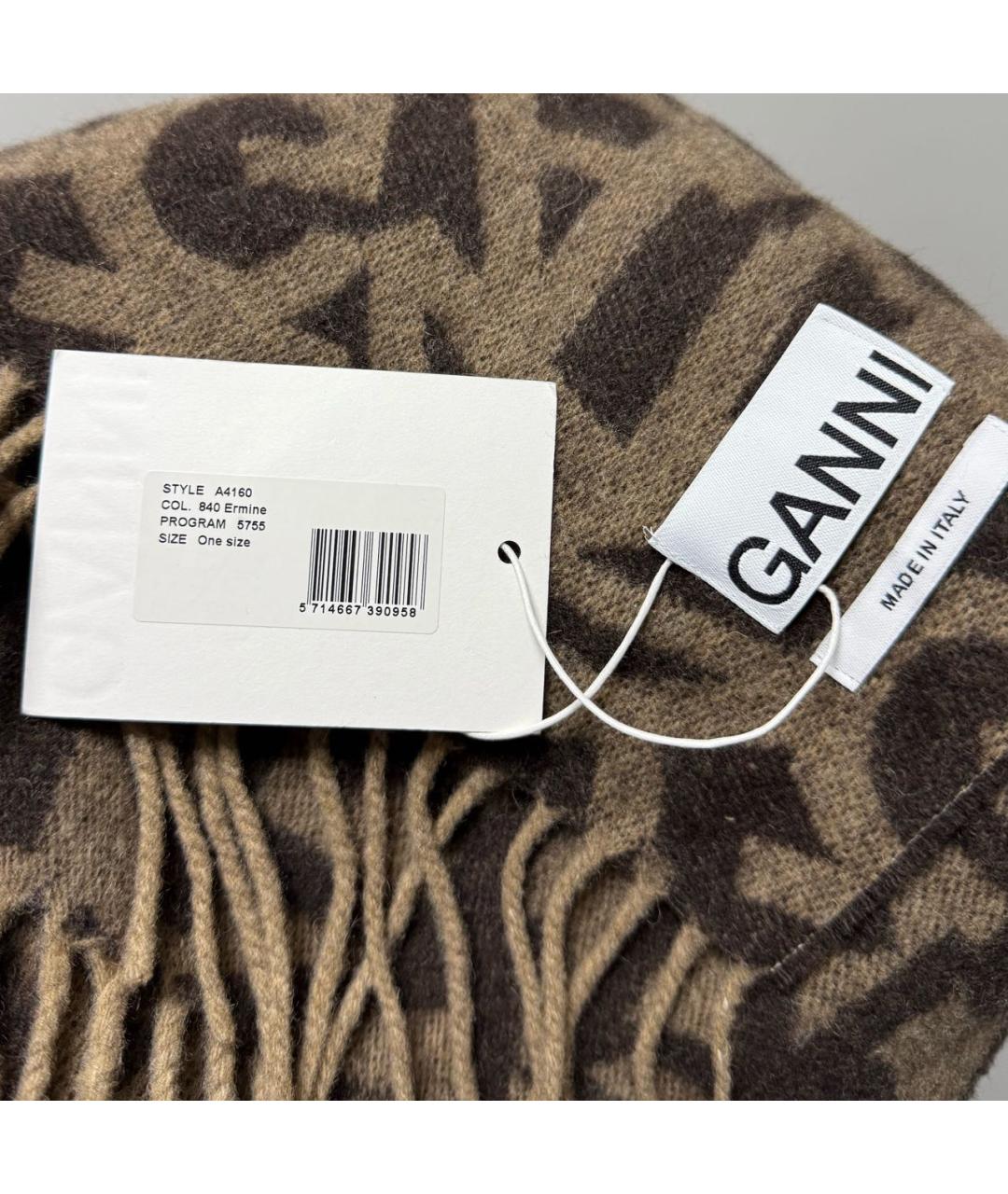 GANNI Коричневый шерстяной шарф, фото 3