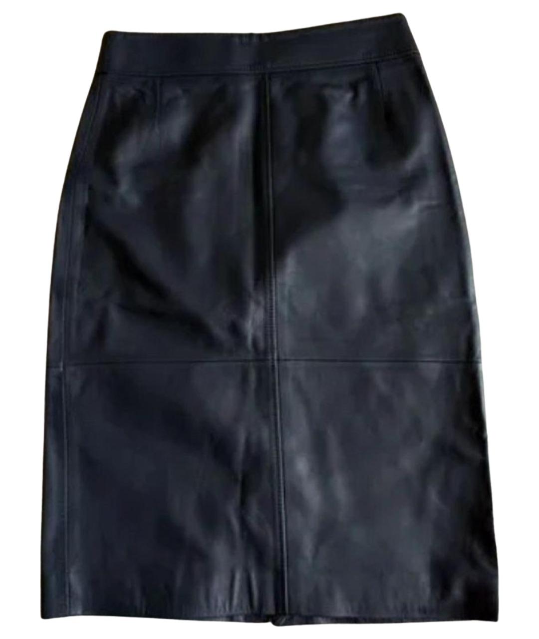 HUGO BOSS Темно-синяя кожаная юбка миди, фото 1