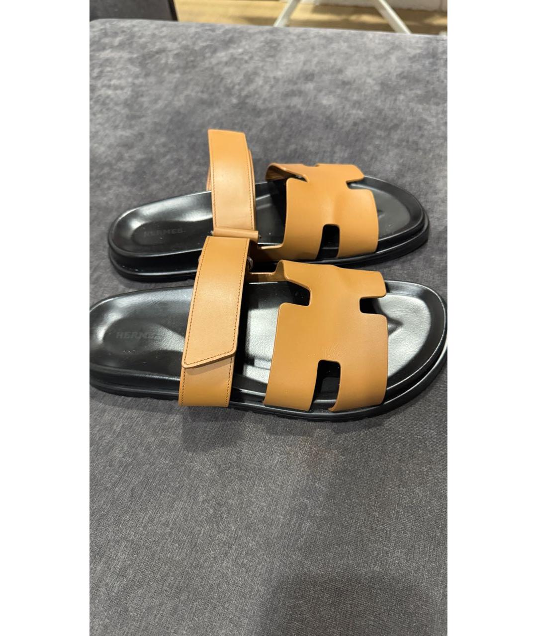 HERMES Коричневые кожаные шлепанцы, фото 5